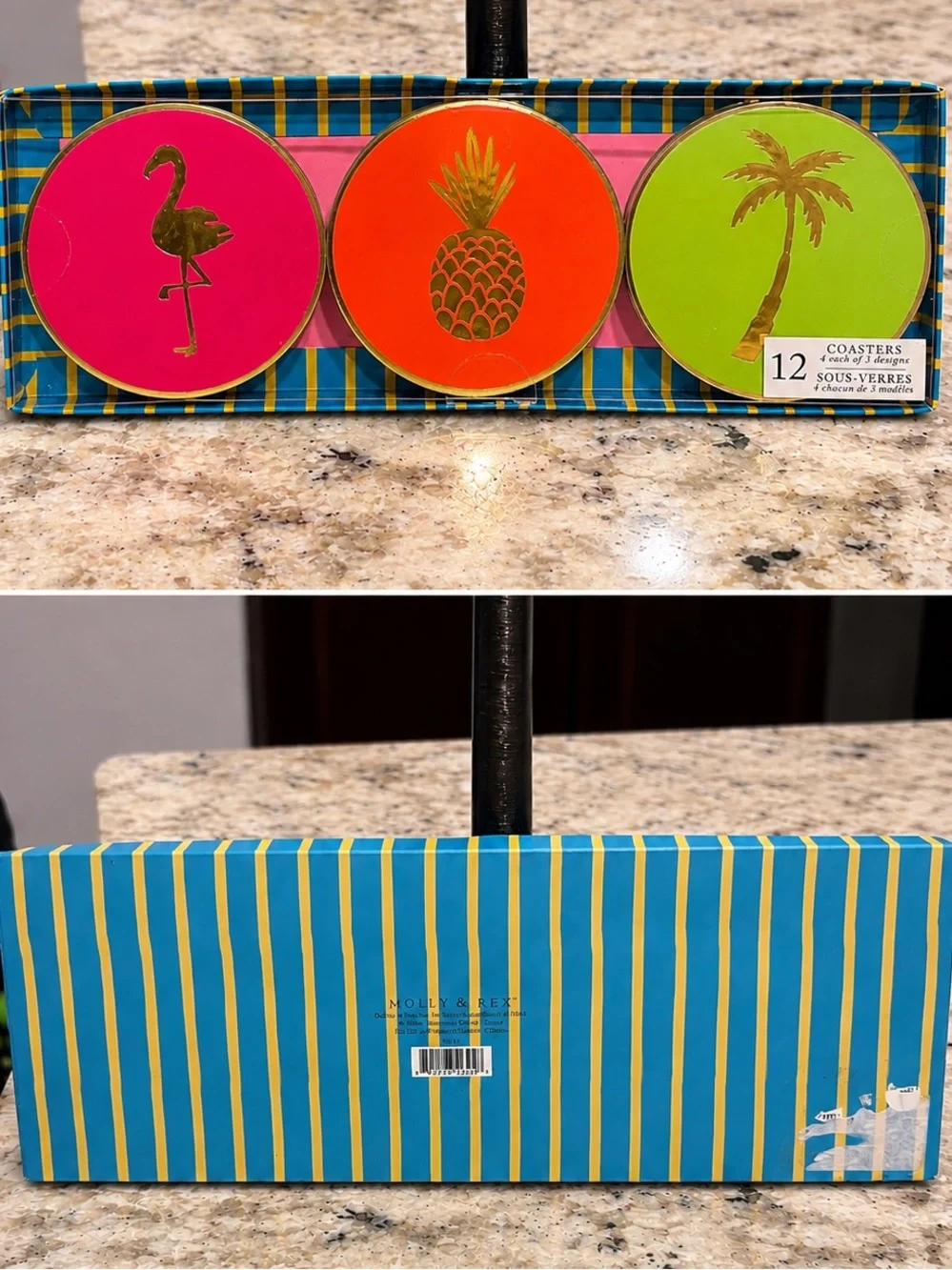 NIB Molly & Rex Tropical Flamingo Pineapple Palm Tree Coaster Set 12 Gold Foil